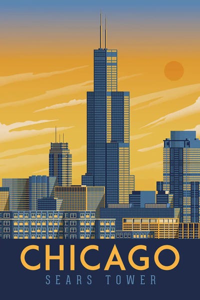 Chicago: Chicago Illinois Travel Illustration by Olahoop Travel Posters