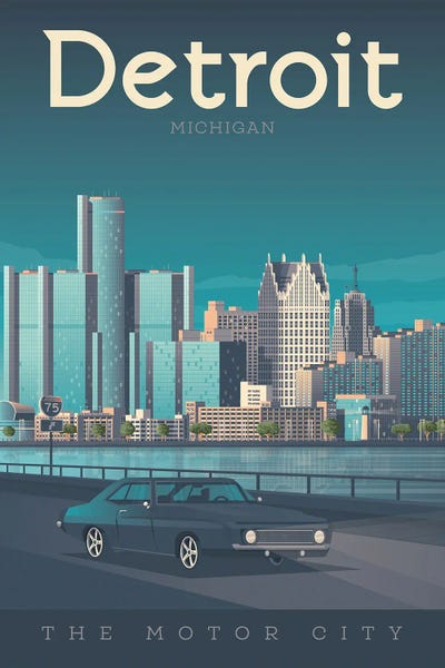 Olahoop Travel Posters: Detroit Michigan Travel Illustration by Olahoop Travel Posters