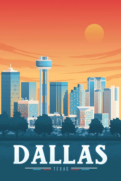 Canvas Print: Dallas Texas United States Travel Illustration by Olahoop Travel Posters