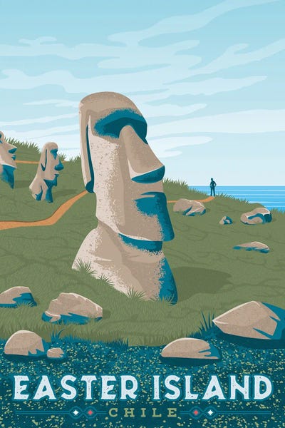 Sculptures & Statues: Easter Island Chile Travel Illustration by Olahoop Travel Posters