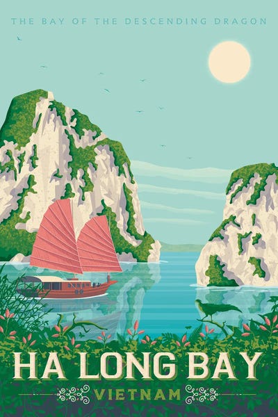 Olahoop Travel Posters: Ha Long Bay Vietnam Travel Illustration by Olahoop Travel Posters