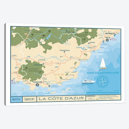 French Riviera Map Travel Poster Canvas Print #OTP16} by Olahoop Travel Posters Canvas Artwork