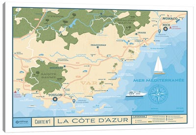 French Riviera Map Travel Poster Canvas Art Print - Olahoop Travel Posters