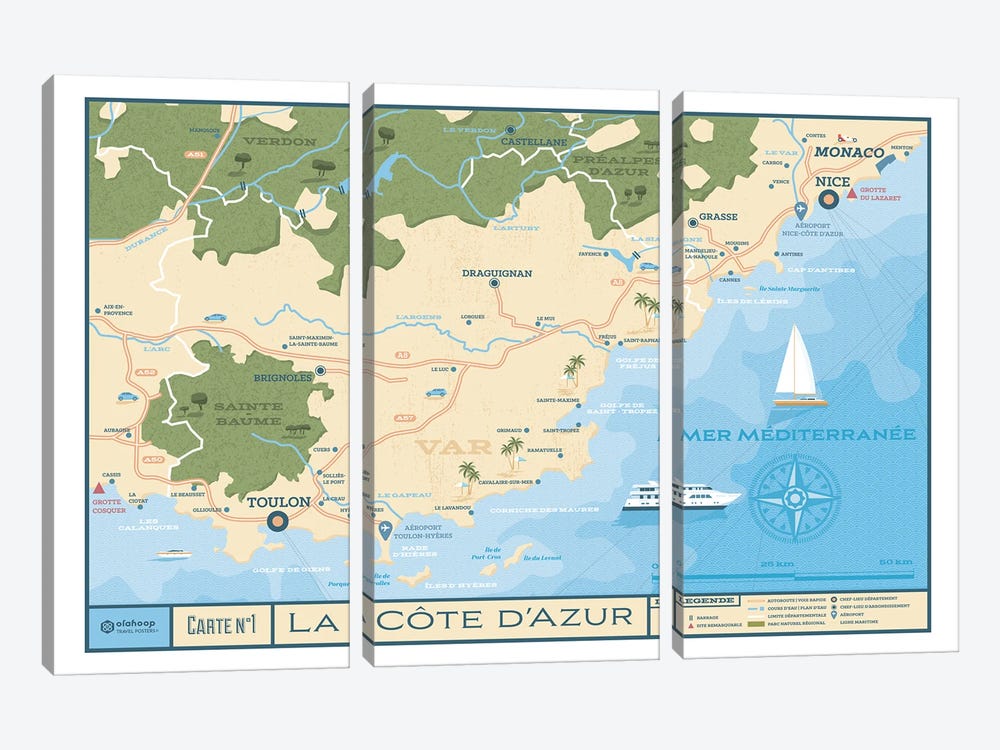 French Riviera Map Travel Poster by Olahoop Travel Posters 3-piece Canvas Wall Art