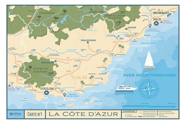 Olahoop Travel Posters: French Riviera Map Travel Poster by Olahoop Travel Posters