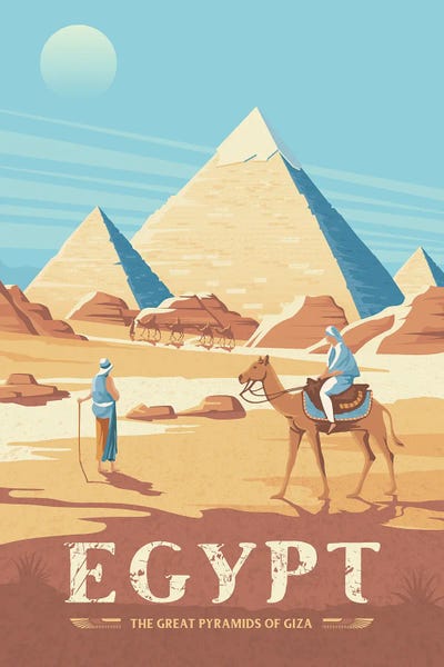 Camels: Egypt Pyramids Of Gizeh Travel Illustration by Olahoop Travel Posters