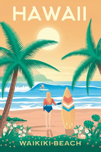 Surfing: Hawaii Island Waikiki Beach United States Travel Illustration by Olahoop Travel Posters