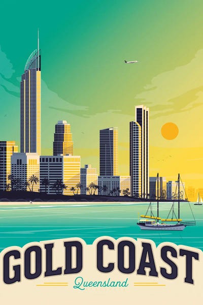Olahoop Travel Posters: Gold Coast Beach Australia Travel Illustration by Olahoop Travel Posters
