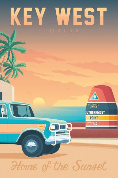 Olahoop Travel Posters: Key West Southermost Most Buoy Florida United States Travel Illustration by Olahoop Travel Posters