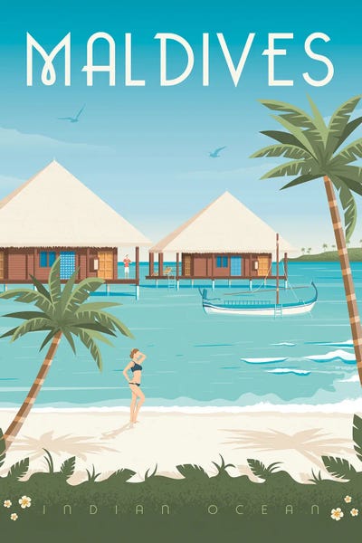 Olahoop Travel Posters: Maldives Island Asia Travel Illustration by Olahoop Travel Posters