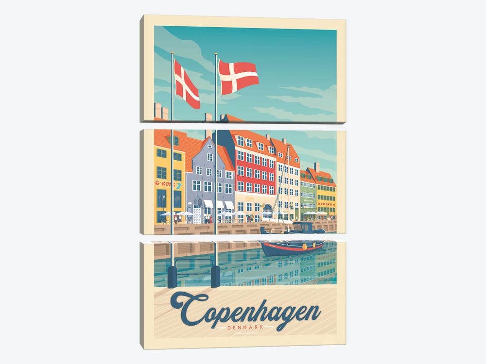Copenhagen Denmark Travel Poster by Olahoop Travel Posters 3-piece Canvas Artwork