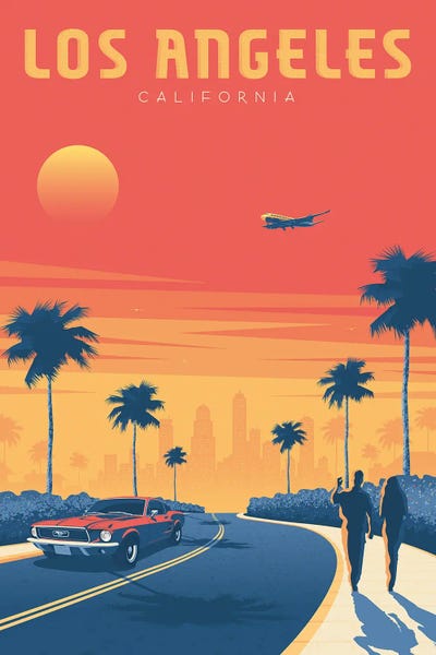 Los Angeles: Los Angeles California Sunset United States Travel Illustration by Olahoop Travel Posters