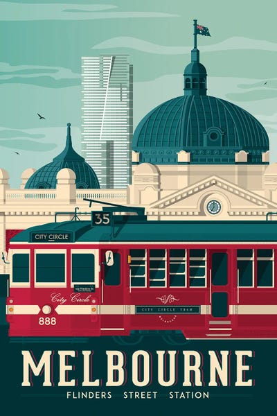 Olahoop Travel Posters: Melbourne Findler Street Station Australia Travel Illustration by Olahoop Travel Posters