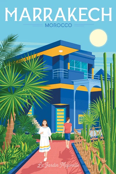 Olahoop Travel Posters: Marrakech Villa Majorelle Morroco Travel Illustration by Olahoop Travel Posters