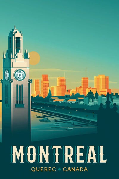 Olahoop Travel Posters: Montreal Clock Tower Quebec Canada Travel Illustration by Olahoop Travel Posters