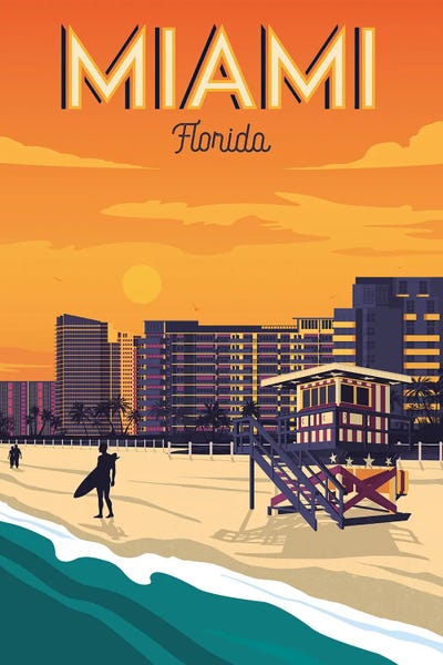 Florida Beaches: Miami Beach Florida United States Travel Illustration by Olahoop Travel Posters