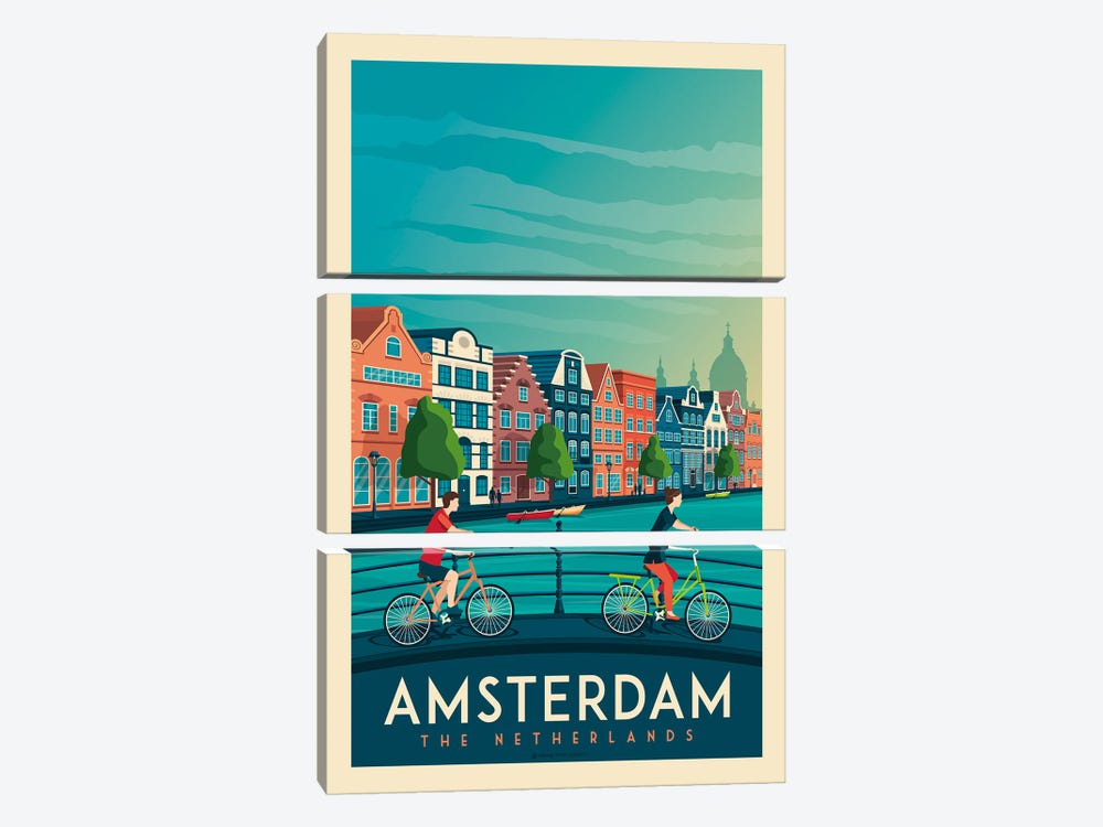 Amsterdam Travel Poster by Olahoop Travel Posters 3-piece Canvas Art Print
