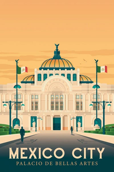 Olahoop Travel Posters: Mexico City Palacio De Bellas Artes Travel Illustration by Olahoop Travel Posters