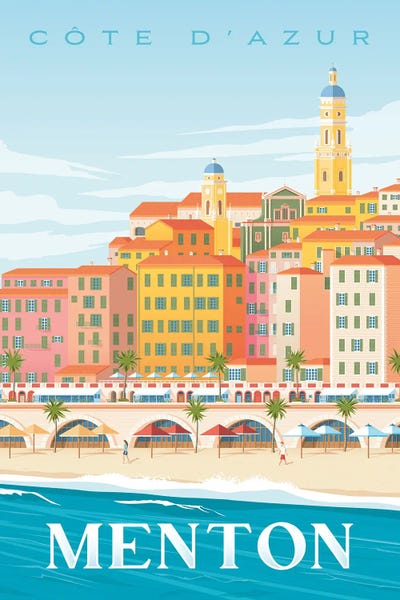 Olahoop Travel Posters: Menton Beach French Riviera France Travel Illustration by Olahoop Travel Posters