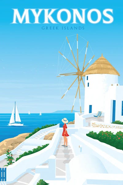 Watermills & Windmills: Mykonos Greece Travel Illustration by Olahoop Travel Posters