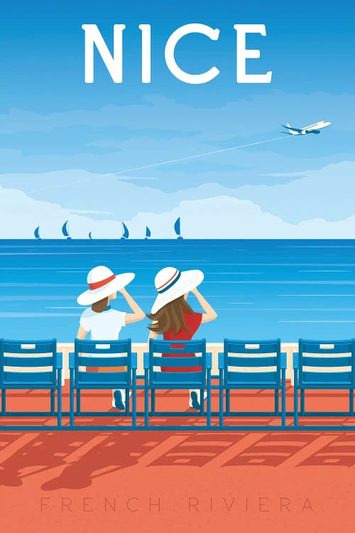 Nice Chaises Bleuee French Riviera Travel Illustration by Olahoop Travel Posters wall art