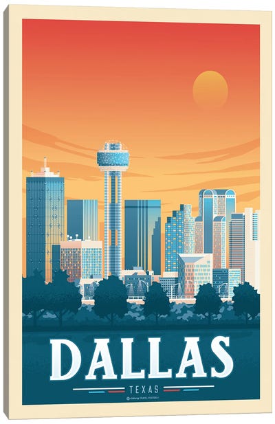 Dallas Texas Travel Poster Canvas Art Print - Olahoop Travel Posters