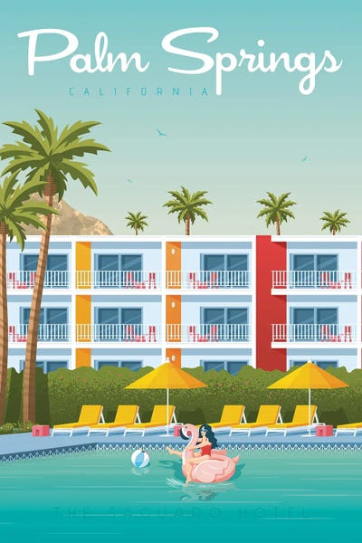 Olahoop Travel Posters: Palm Springs Sagua Hotel California United States Travel Illustration by Olahoop Travel Posters