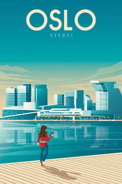 Rivers, Lakes & Waterfronts: Oslo Norway Travel Illustration by Olahoop Travel Posters