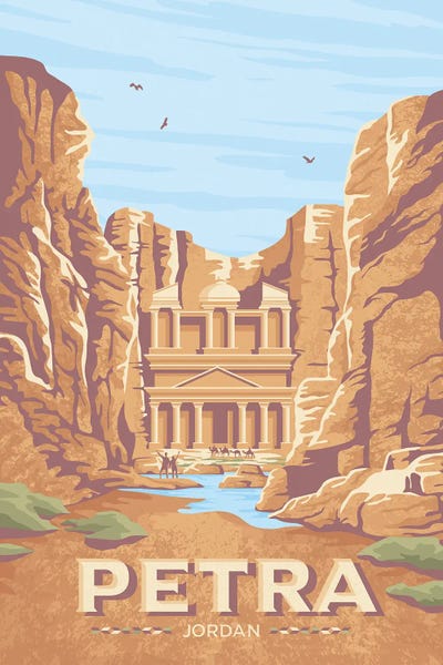 Jordan: Petra La Khazneh Jordania Travel Illustration by Olahoop Travel Posters