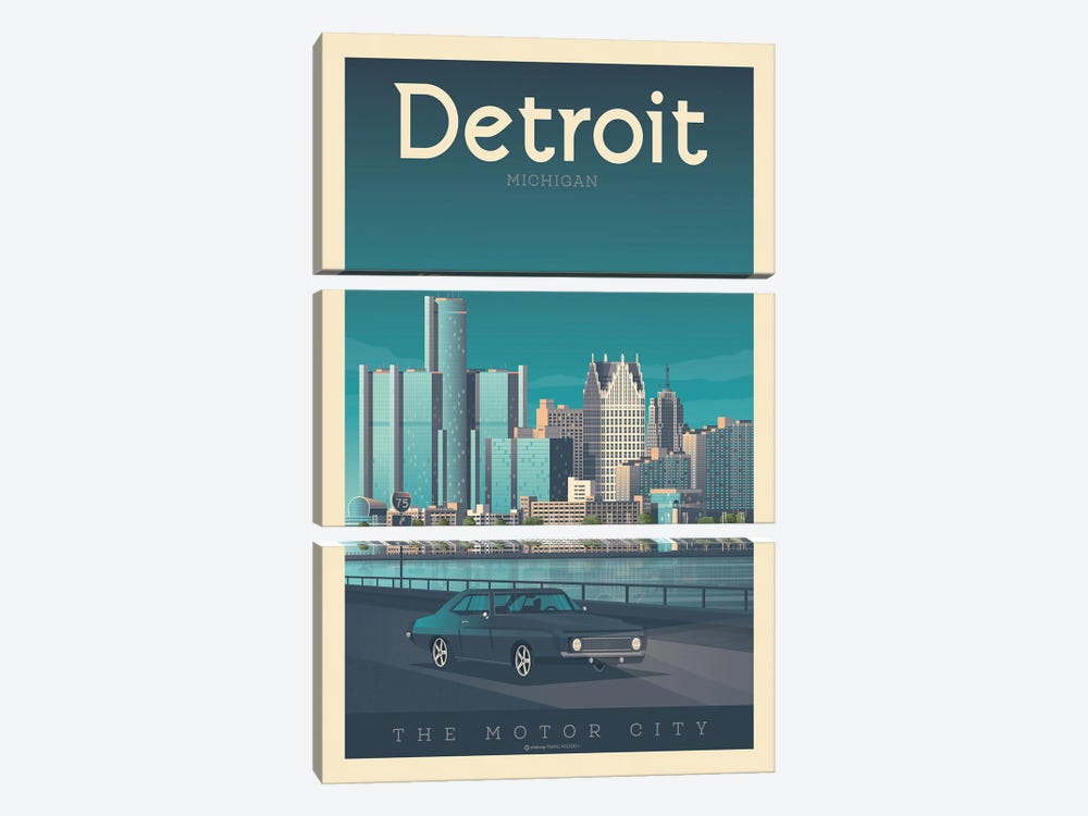 Detroit Michigan Travel Poster by Olahoop Travel Posters 3-piece Canvas Art