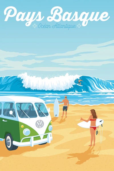 Olahoop Travel Posters: Basque Country Beach Van Life Travel Illustration by Olahoop Travel Posters