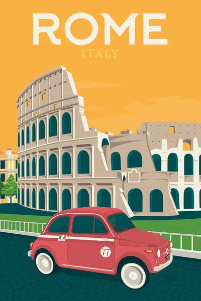 Ancient Ruins: Rome Colosseum Italy Fiat 500 Travel Illustration by Olahoop Travel Posters