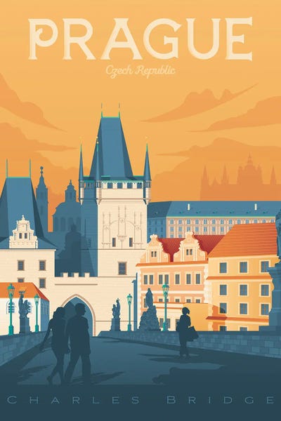 Olahoop Travel Posters: Prague Charles Bridge Travel Illustration by Olahoop Travel Posters