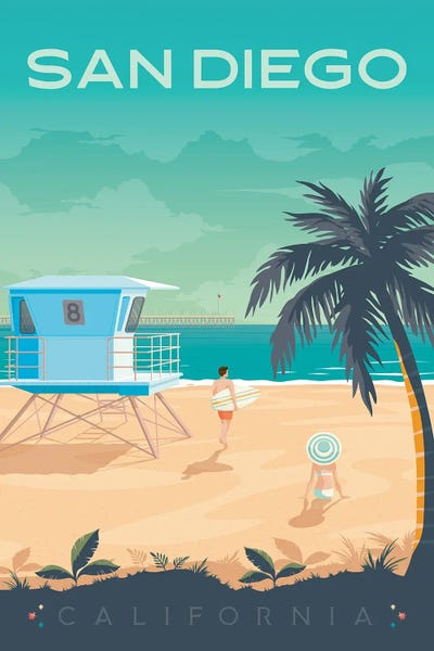 Olahoop Travel Posters: San Diego Beach California United States Travel Illustration by Olahoop Travel Posters