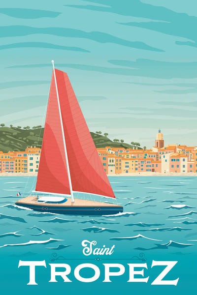 Olahoop Travel Posters: Saint Tropez French Riviera Travel Illustration by Olahoop Travel Posters