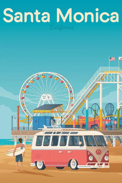 Olahoop Travel Posters: Santa Monica California United States Travel Illustration by Olahoop Travel Posters