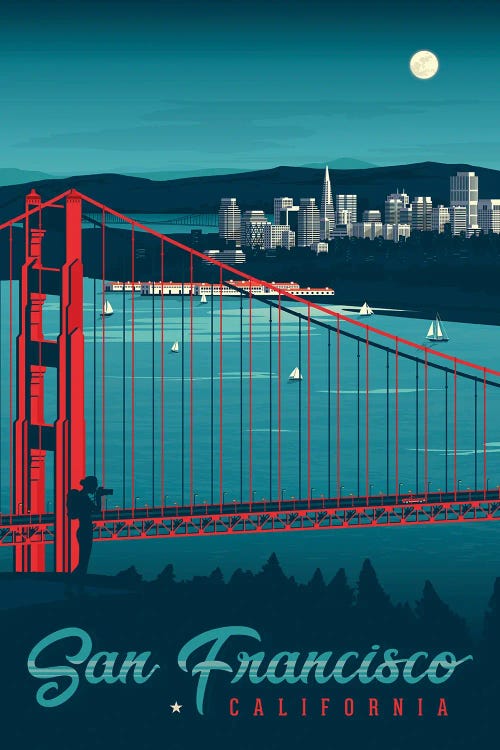San Francisco Golden Gate Bridge California United States Travel Illustration by Olahoop Travel Posters wall art