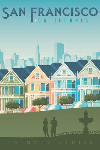 San Francisco Travel Posters: San Francisco Painted Ladies Houses California United States Travel Illustration by Olahoop Travel Posters
