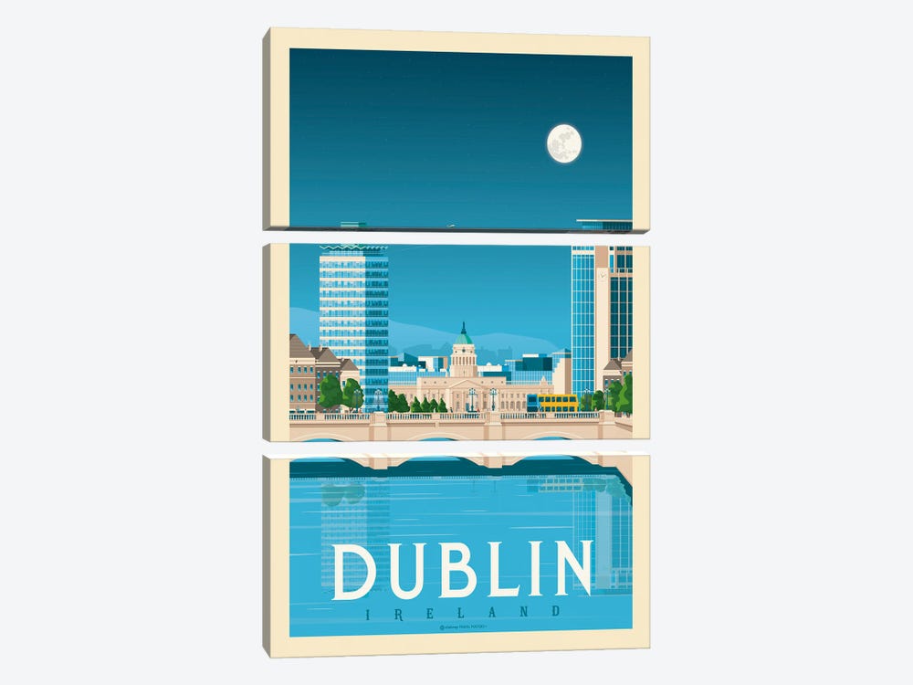 Dublin Ireland Travel Poster by Olahoop Travel Posters 3-piece Canvas Art