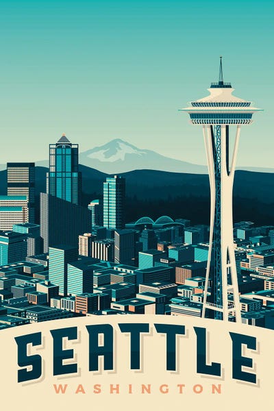 Seattle Travel Posters: Seattle Space Needle United States Travel Illustration by Olahoop Travel Posters