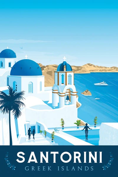 Olahoop Travel Posters: Santorini Greece Travel Illustration by Olahoop Travel Posters