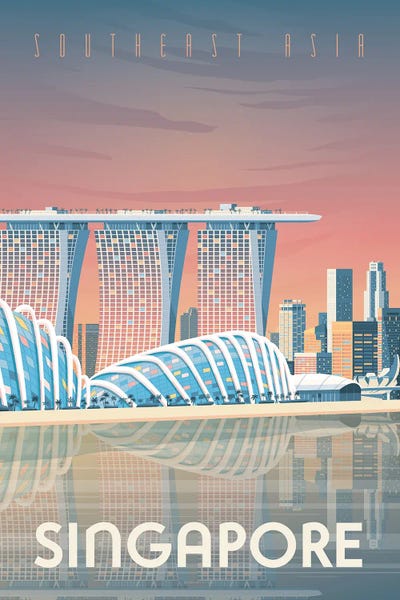 Singapore: Singapore Marina Bay Sands Asia Travel Illustration by Olahoop Travel Posters