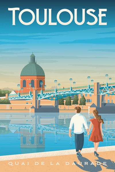 Olahoop Travel Posters: Toulouse Quai De La Daurade France Travel Illustration by Olahoop Travel Posters