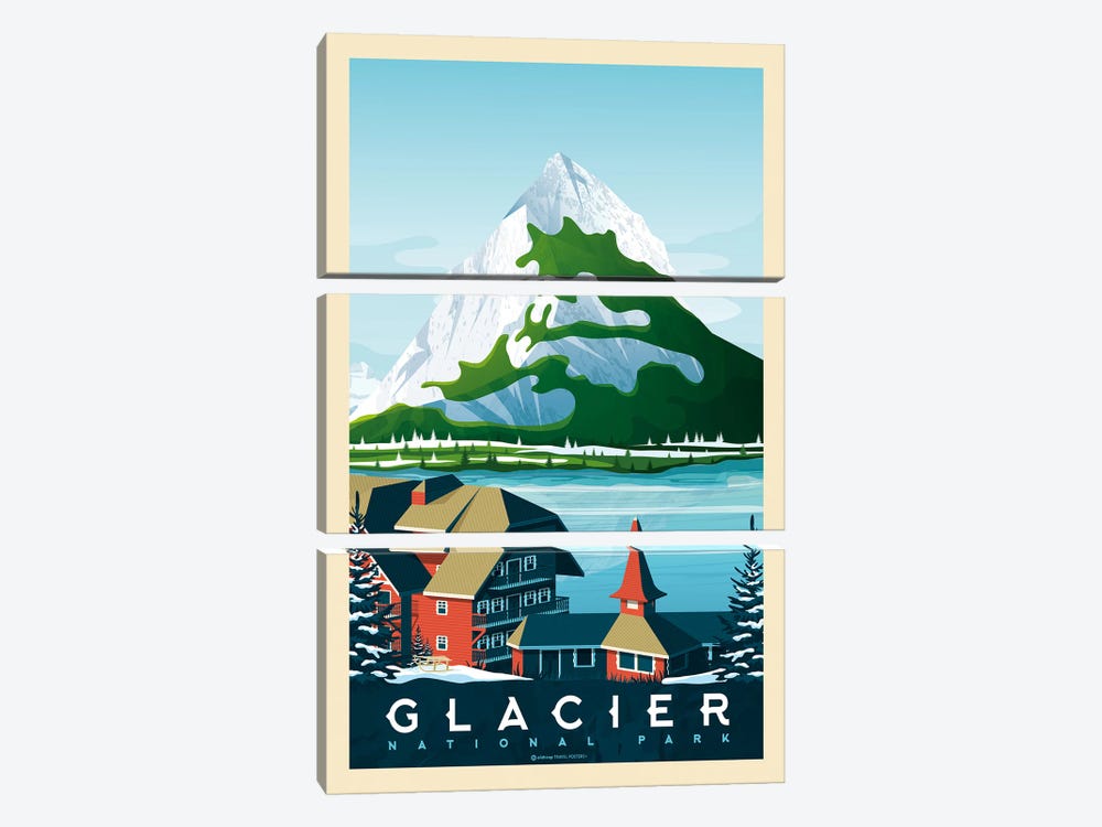 Glacier National Park Travel Poster by Olahoop Travel Posters 3-piece Canvas Wall Art