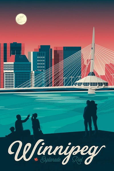 Olahoop Travel Posters: Winnipeg Espanade Riel Canada Travel Illustration by Olahoop Travel Posters