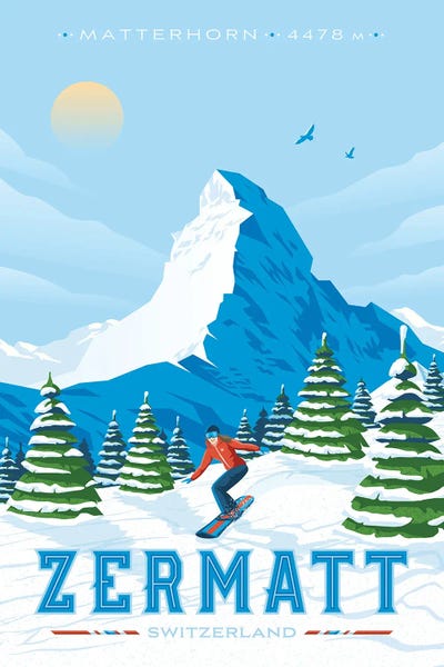 Snowy Mountains: Zermatt Matterhorn Switzerland Travel Illustration by Olahoop Travel Posters