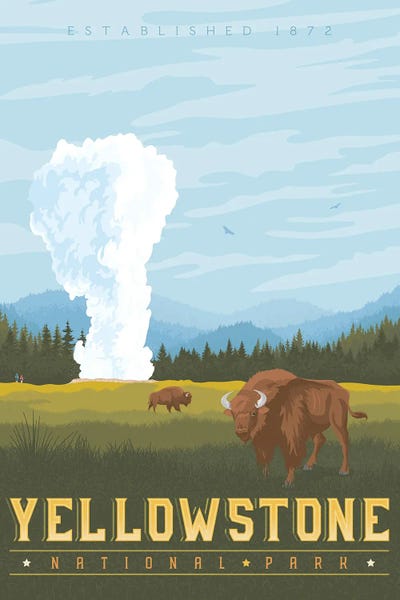 Bison & Buffaloes: Yellowstone National Park United States Travel Illustration by Olahoop Travel Posters