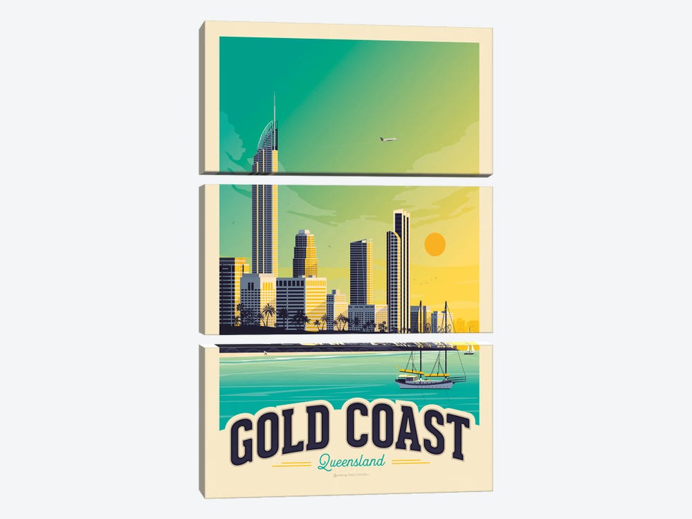 Gold Coast Australia Travel Poster by Olahoop Travel Posters 3-piece Canvas Art Print