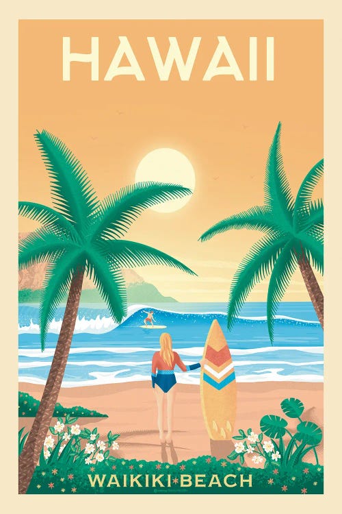 Hawaii Waikiki Beach Travel Poster