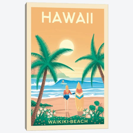 Hawaii Waikiki Beach Travel Poster Canvas Print #OTP29} by Olahoop Travel Posters Canvas Art